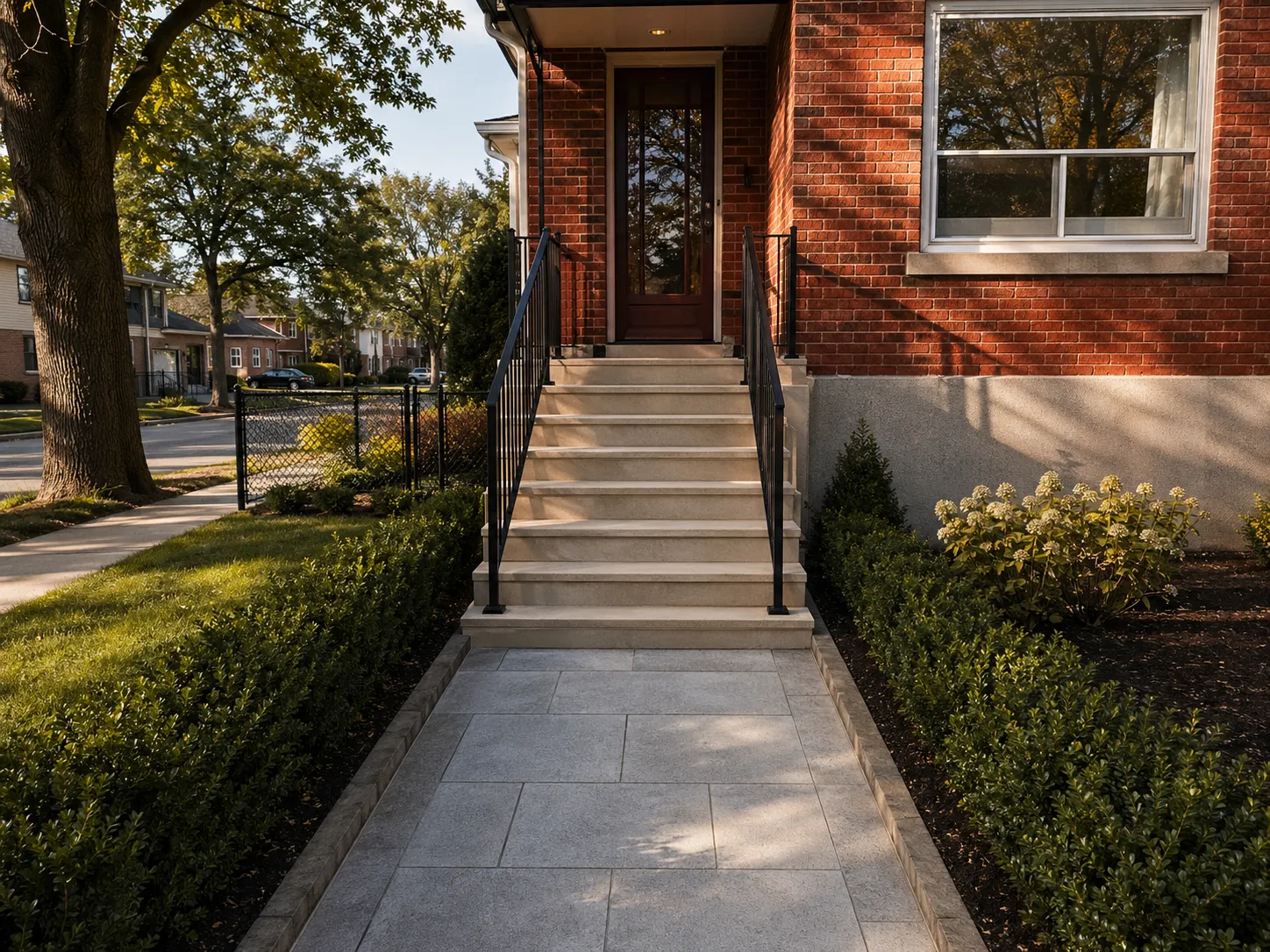 East York front entrance after renovation — new limestone steps and granite walkway