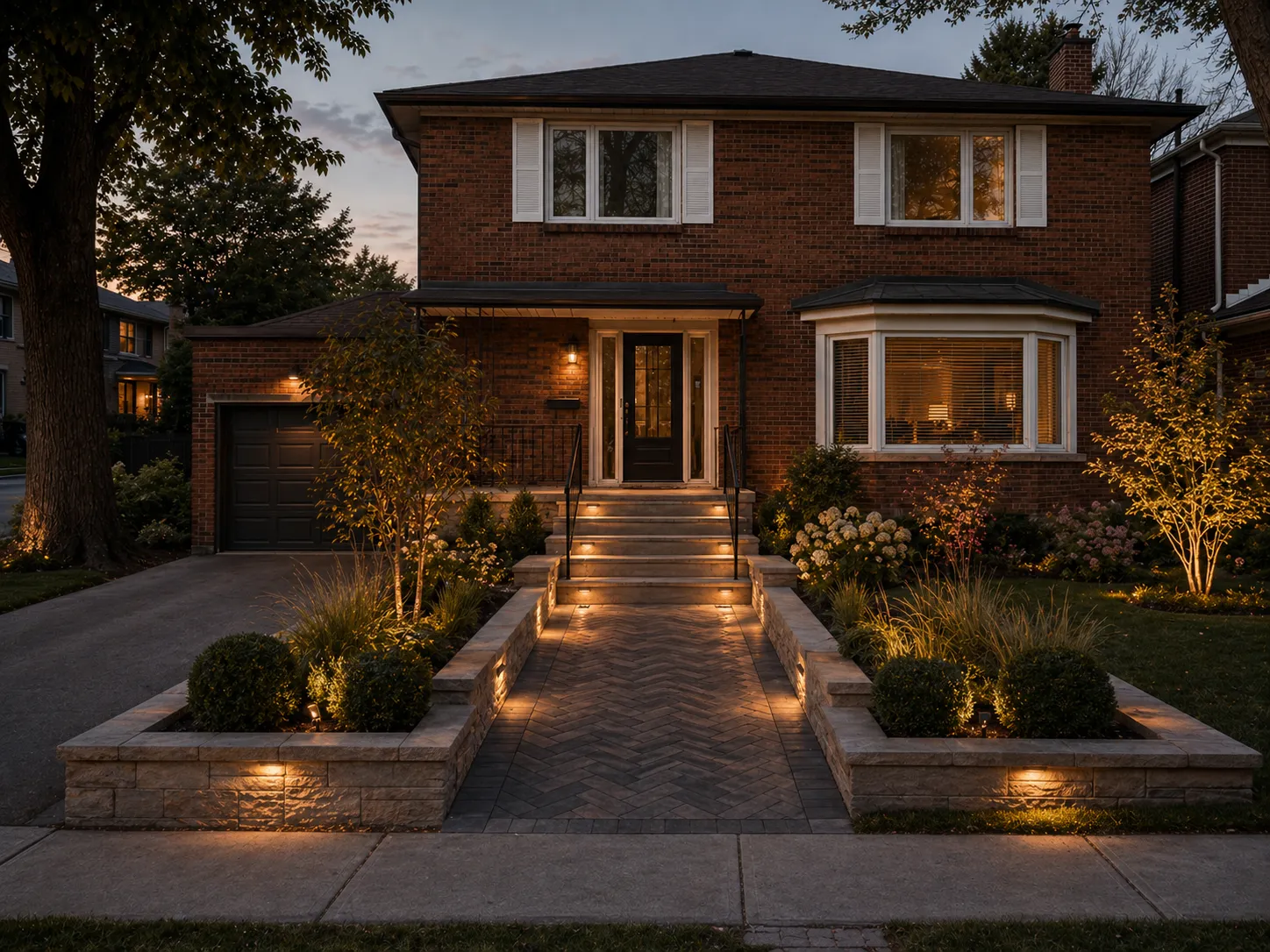Leaside front entrance after renovation — rebuilt natural stone steps and walkway